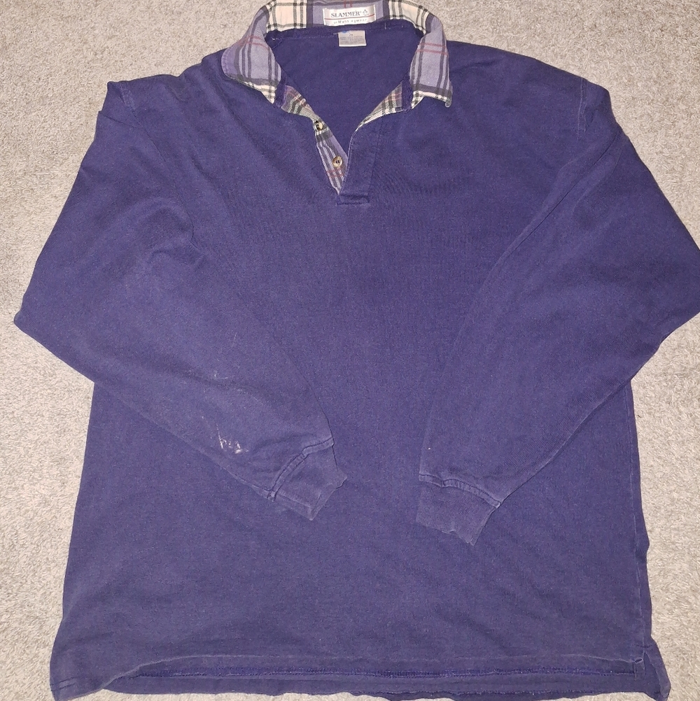Navy Long Sleeve Shirt with Plaid Collar